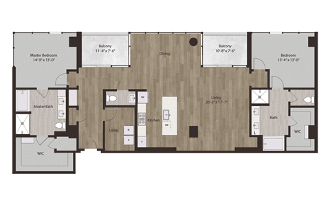 Floor plan for 2 beds, 2.5 baths, 2044 sqft